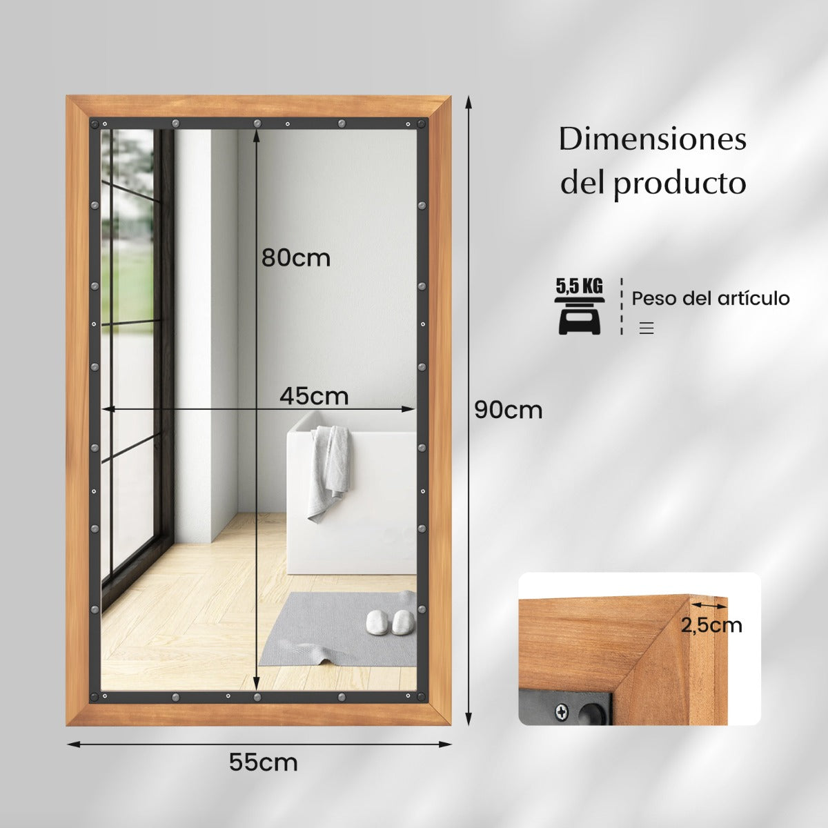 Espejo de Madera Rústico Espejo Decorativo Rectangular Montado en la Pared con Tablero Trasero 55 x 90 x 2,5 cm Natural