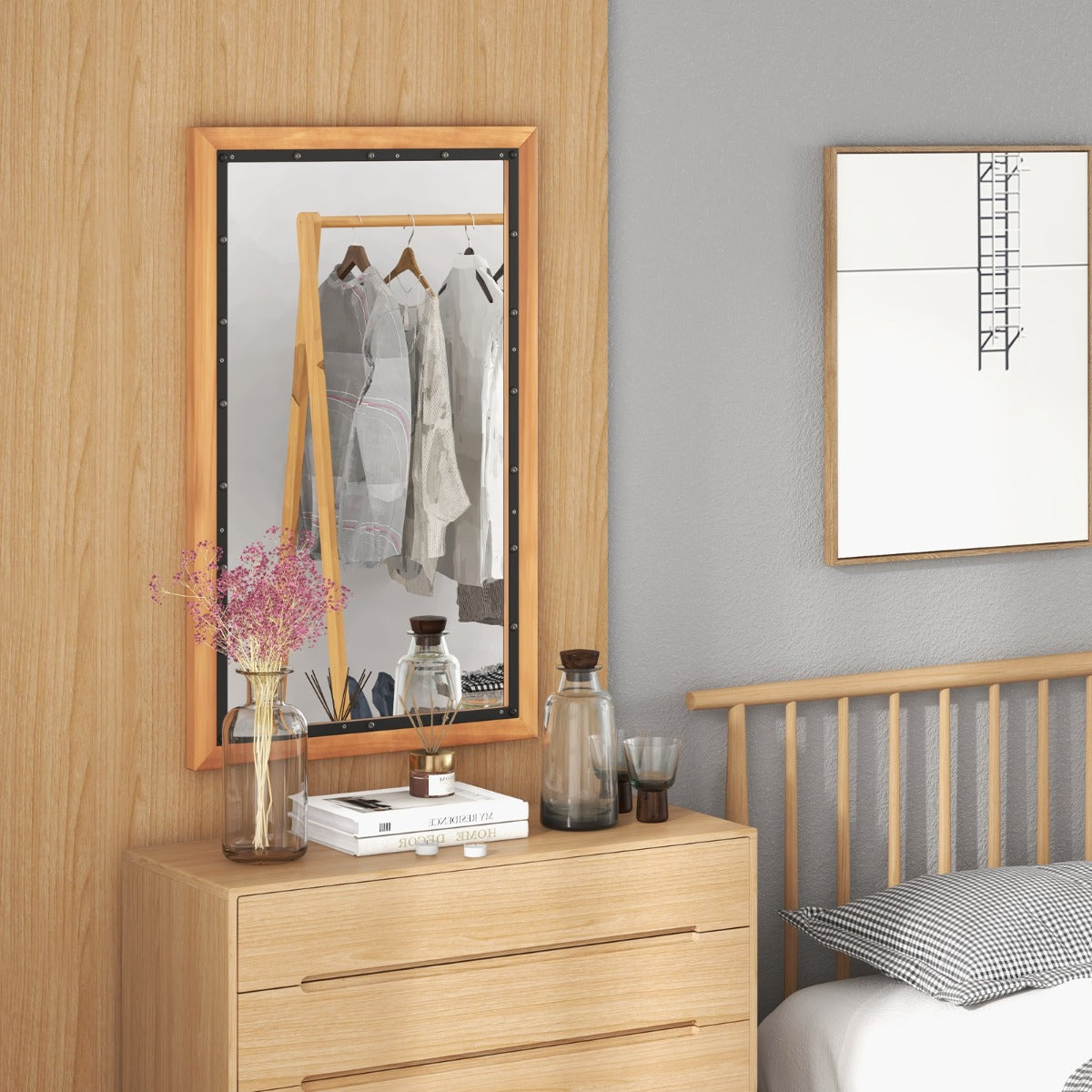 Espejo de Madera Rústico Espejo Decorativo Rectangular Montado en la Pared con Tablero Trasero 55 x 90 x 2,5 cm Natural