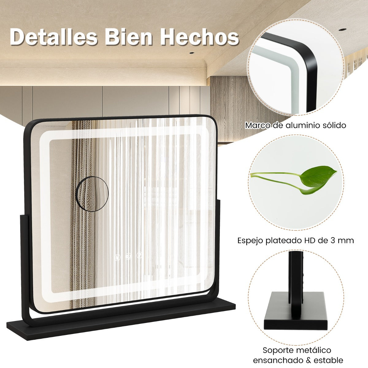 Espejo Iluminado Led de Mesa y Giratorio de 360° con 3 Modos de Iluminación de Color 56 x 12 x 48 cm Negro