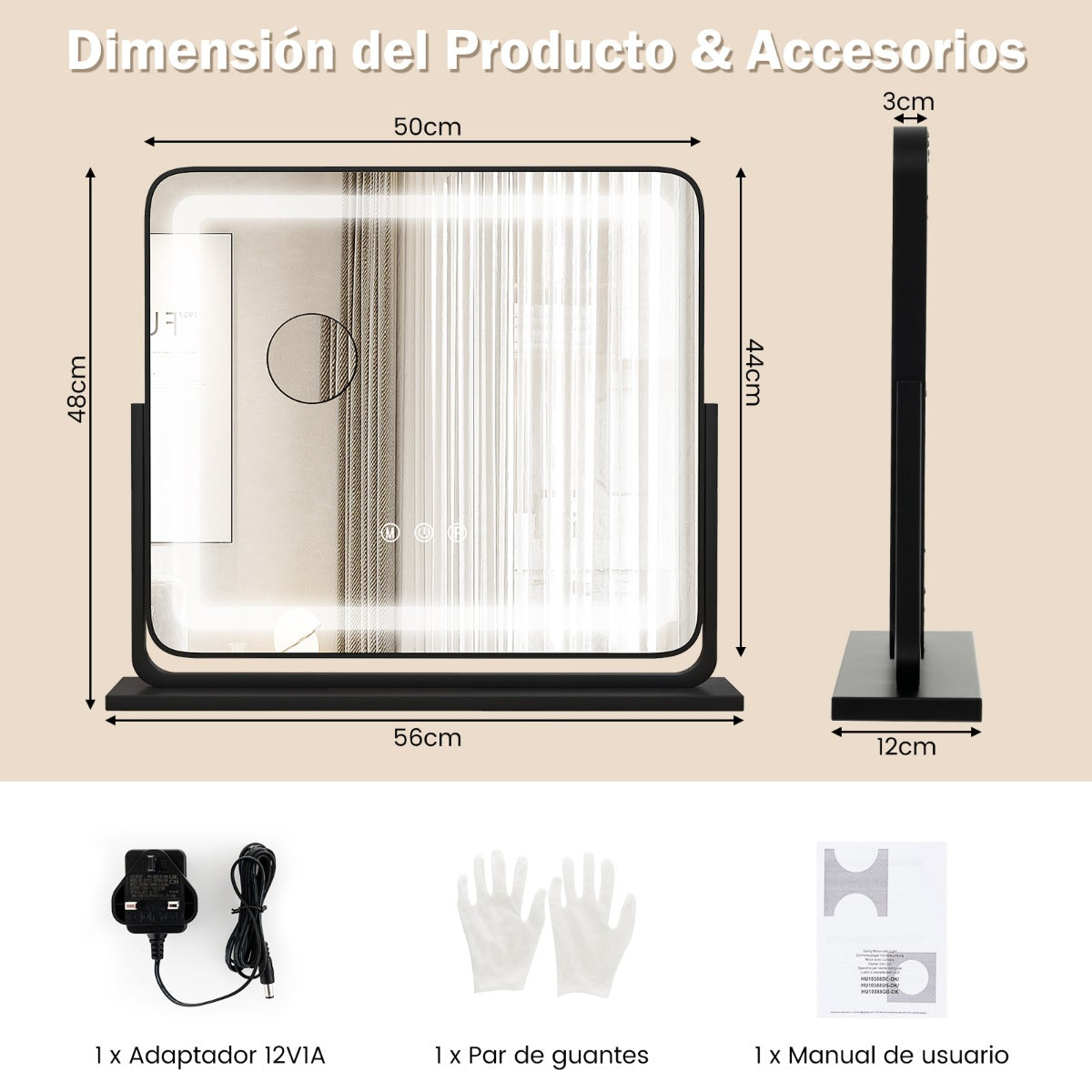 Espejo Iluminado Led de Mesa y Giratorio de 360° con 3 Modos de Iluminación de Color 56 x 12 x 48 cm Negro