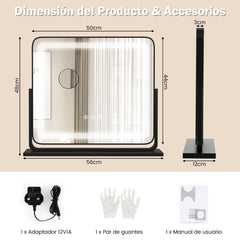 Espejo Iluminado Led de Mesa y Giratorio de 360° con 3 Modos de Iluminación de Color 56 x 12 x 48 cm Negro