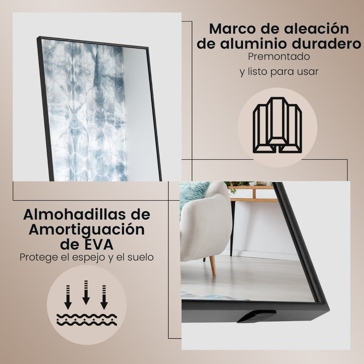 Espejo Rectangular 160x40cm de Pie o de Pared con Cristal Inastillable Marco de Aleación de Aluminio para Dormitorio Vestíbulo Negro