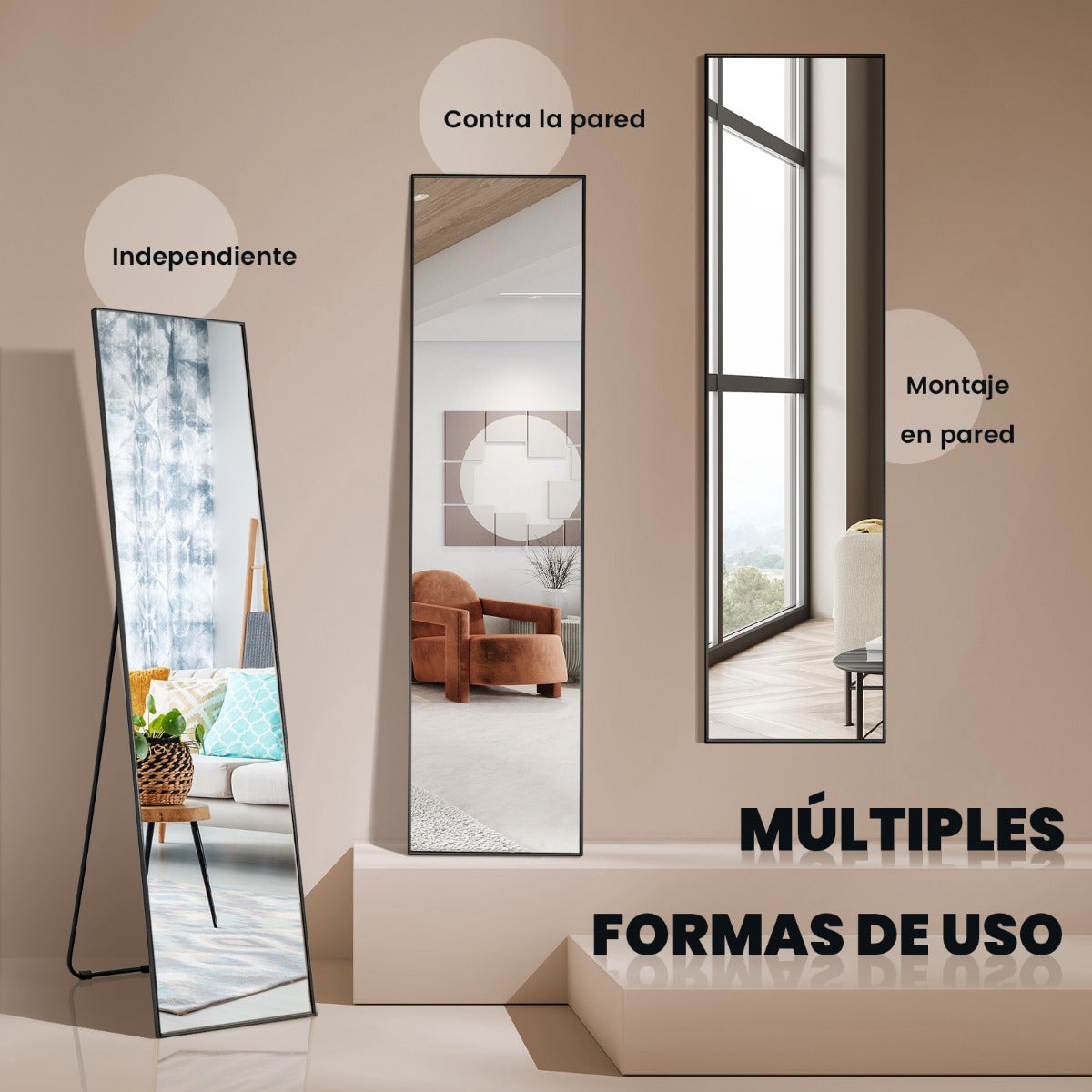 Espejo Rectangular 160x40cm de Pie o de Pared con Cristal Inastillable Marco de Aleación de Aluminio para Dormitorio Vestíbulo Negro