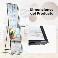 Espejo Rectangular 160x40cm de Pie o de Pared con Cristal Inastillable Marco de Aleación de Aluminio para Dormitorio Vestíbulo Negro