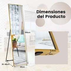 Espejo Rectangular 160x40cm de Pie o de Pared con Cristal Inastillable Marco de Aleación de Aluminio para Dormitorio Vestíbulo Oro