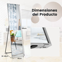Espejo Rectangular 160x40cm de Pie o de Pared con Cristal Inastillable Marco de Aleación de Aluminio para Dormitorio Vestíbulo Plata