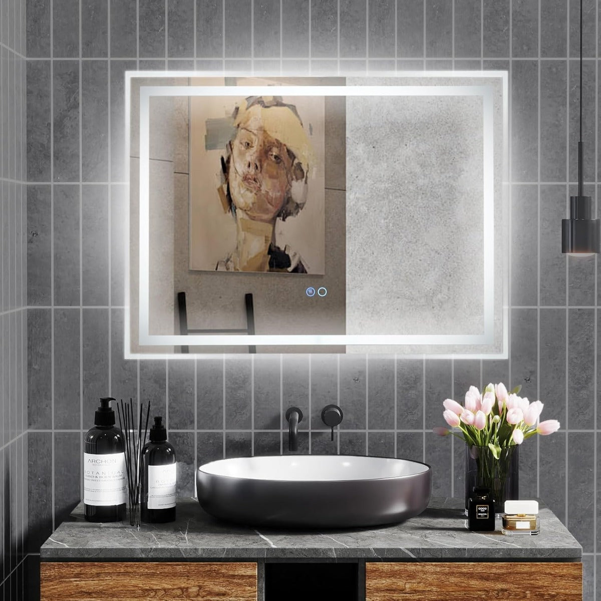 Espejo de Baño LED 80 x 60 CM Espejo Rectangular de Pared con Luces Regulables de 3 Colores Interruptor Táctil Función Antivaho y Memoria