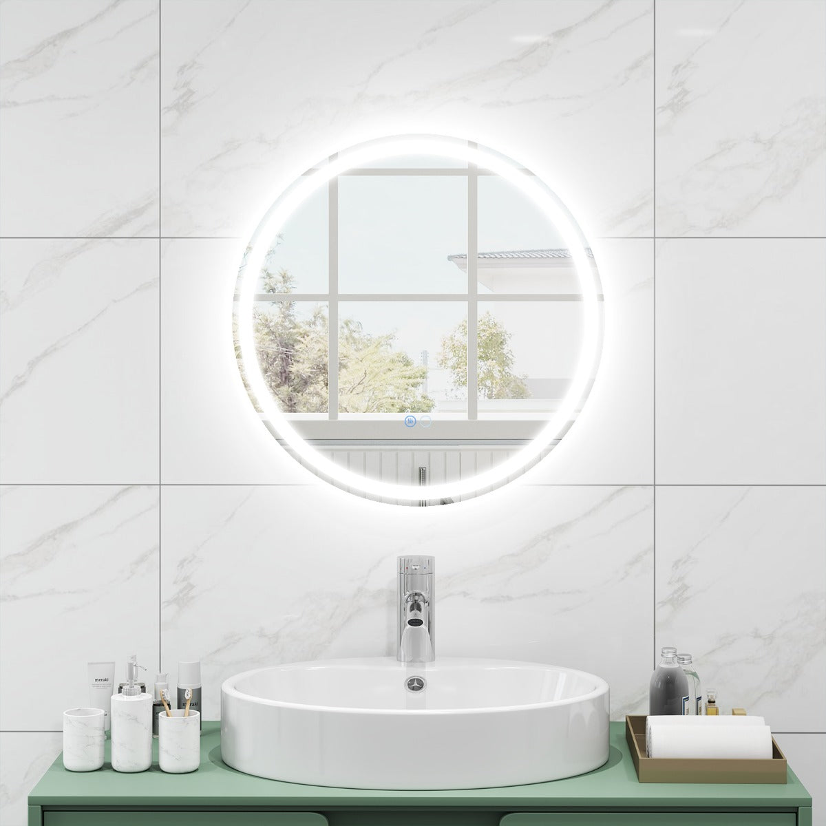 Espejo LED para Baño de 60 x 60 CM Espejo Redondo Montado en la Pared con Luces Regulables Interruptor Táctil Función Antivaho y Memoria