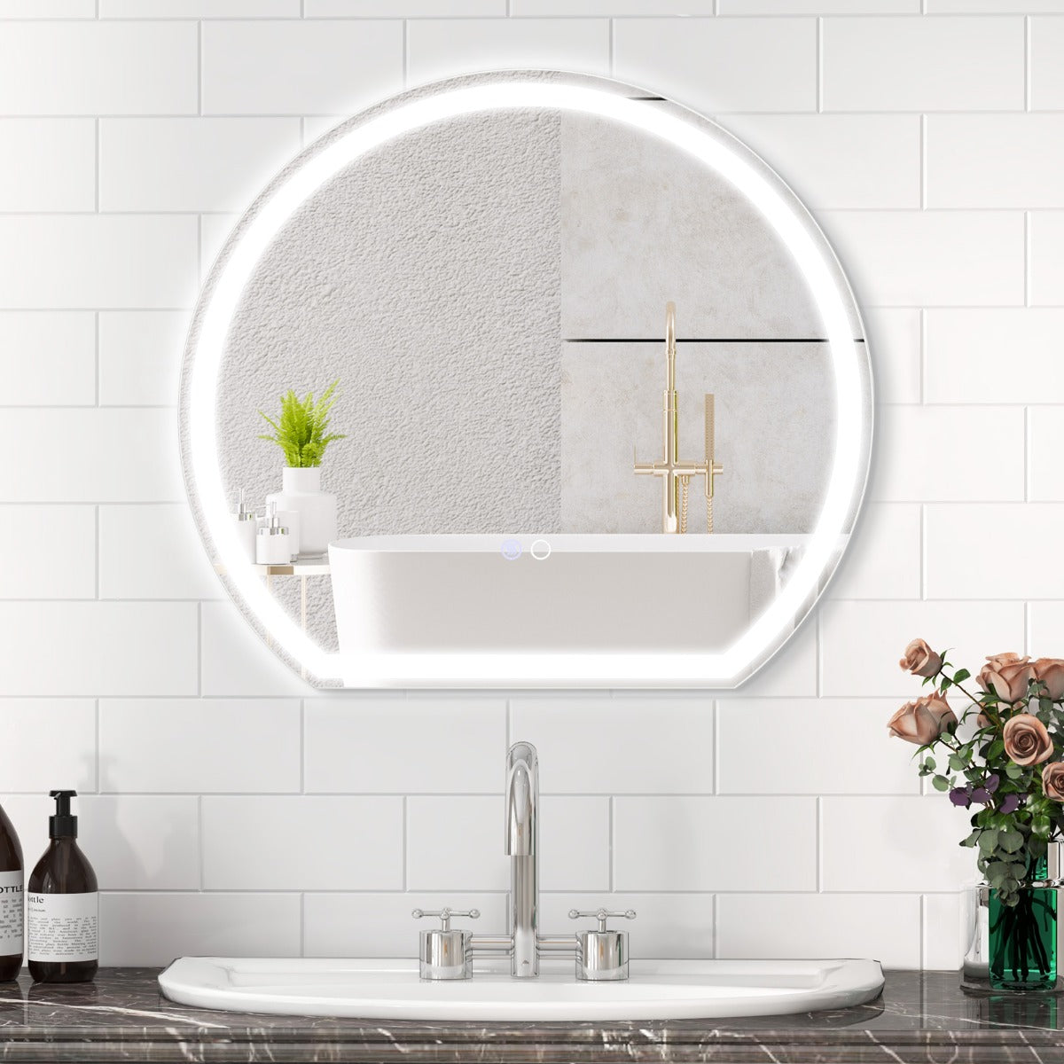 Espejo LED para Baño de 60 x 54 CM Espejo Redondo Montado en la Pared con Luces Regulables Interruptor Táctil Función Antivaho y Memoria