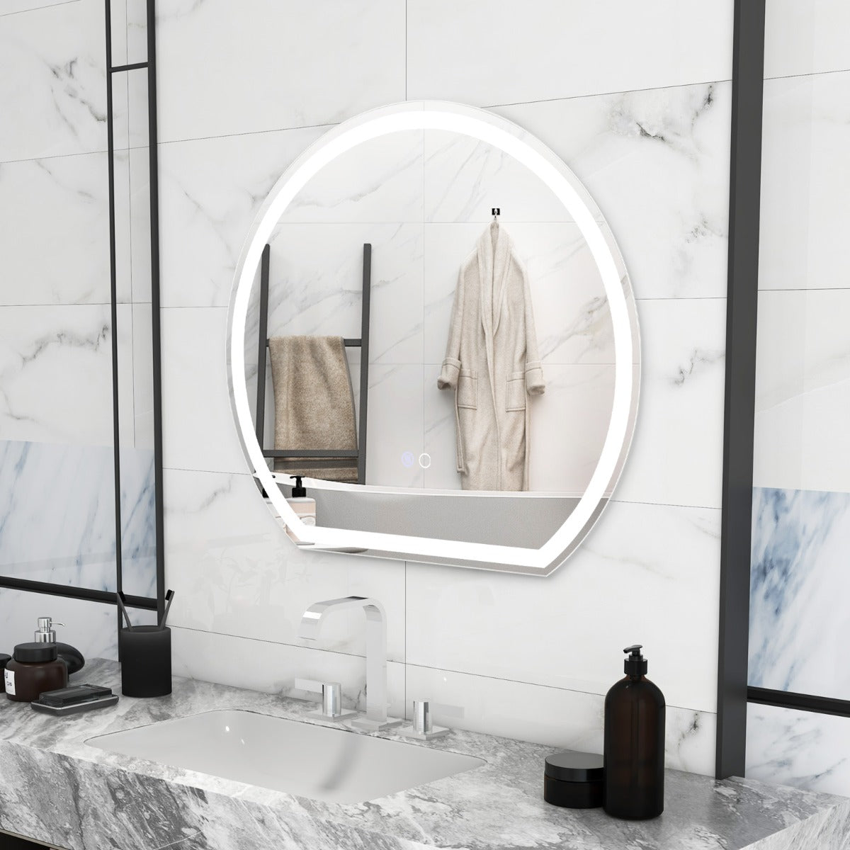 Espejo LED para Baño de 60 x 54 CM Espejo Redondo Montado en la Pared con Luces Regulables Interruptor Táctil Función Antivaho y Memoria