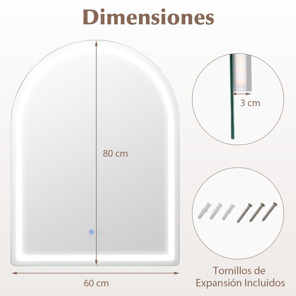 Espejo de Baño LED 80 x 60 CM Espejo Arqueado Montado en la Pared con Luces Regulables Interruptor Táctil Función Antivaho y Memoria