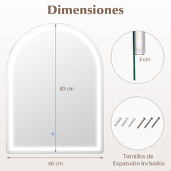 Espejo de Baño LED 80 x 60 CM Espejo Arqueado Montado en la Pared con Luces Regulables Interruptor Táctil Función Antivaho y Memoria