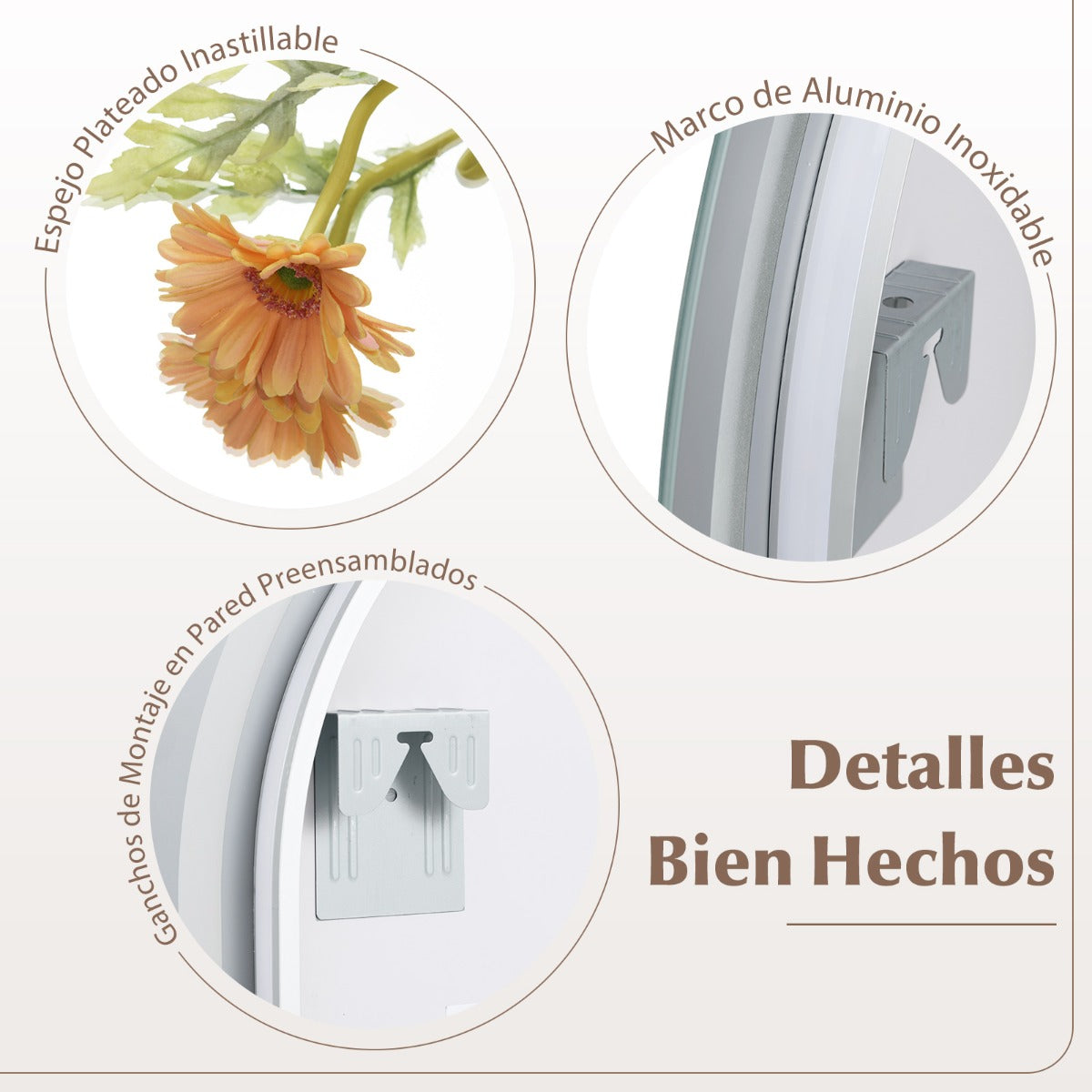 Espejo de Baño LED 80 x 60 CM Espejo Arqueado Montado en la Pared con Luces Regulables Interruptor Táctil Función Antivaho y Memoria
