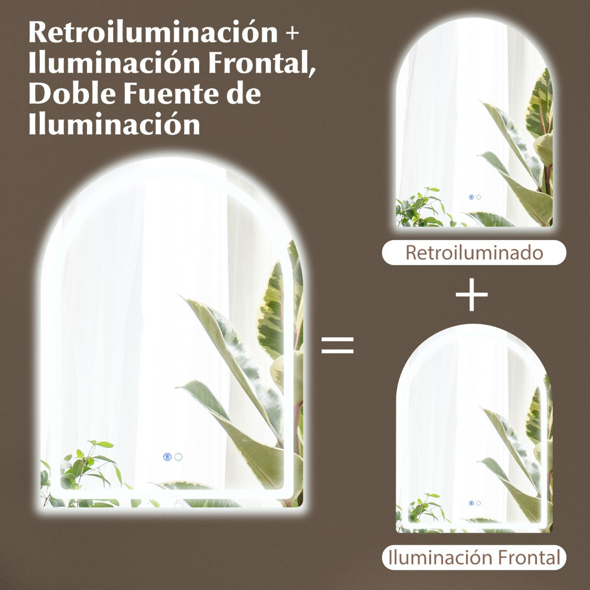 Espejo de Baño LED 80 x 60 CM Espejo Arqueado Montado en la Pared con Luces Regulables Interruptor Táctil Función Antivaho y Memoria
