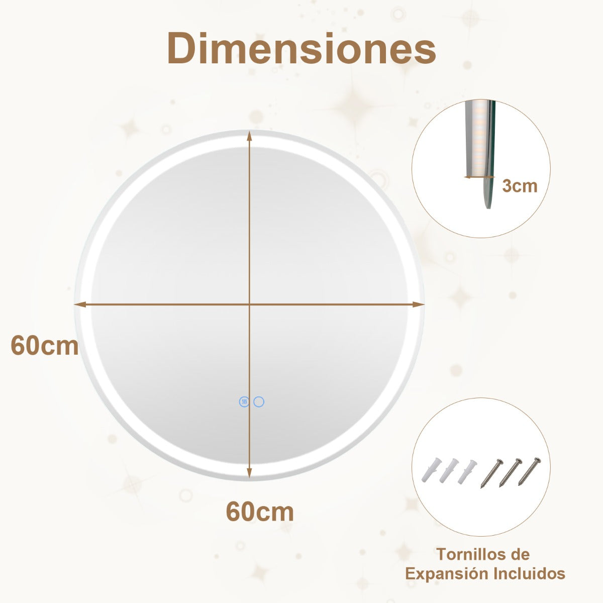 Espejo LED para Baño de 60 x 60 CM Espejo Redondo Montado en la Pared con Luces Regulables Interruptor Táctil Función Antivaho y Memoria