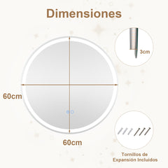 Espejo LED para Baño de 60 x 60 CM Espejo Redondo Montado en la Pared con Luces Regulables Interruptor Táctil Función Antivaho y Memoria