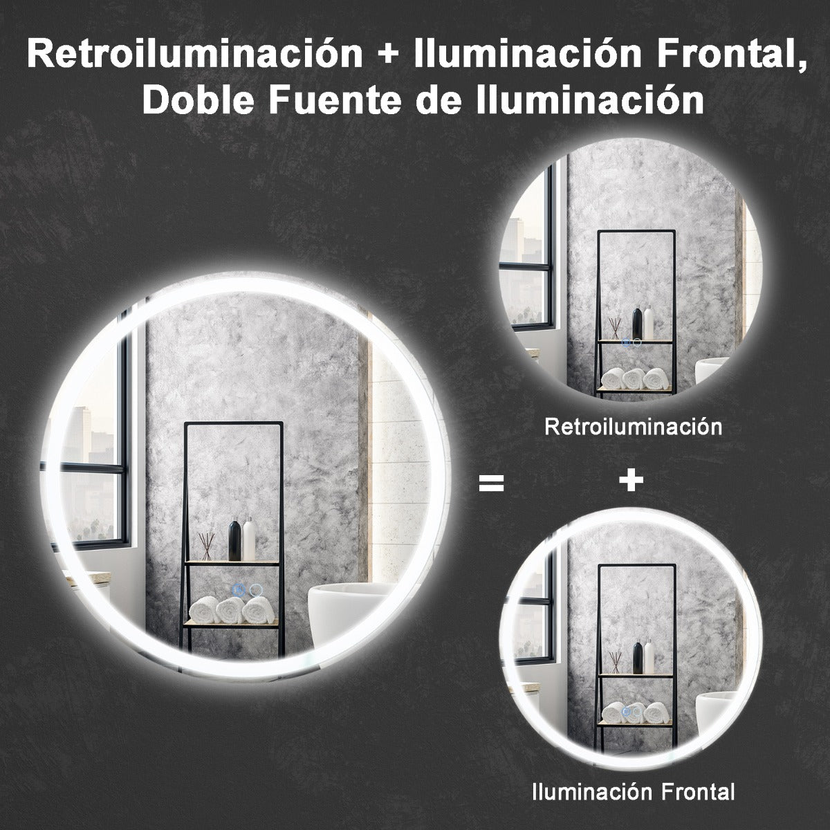 Espejo LED para Baño de 60 x 60 CM Espejo Redondo Montado en la Pared con Luces Regulables Interruptor Táctil Función Antivaho y Memoria