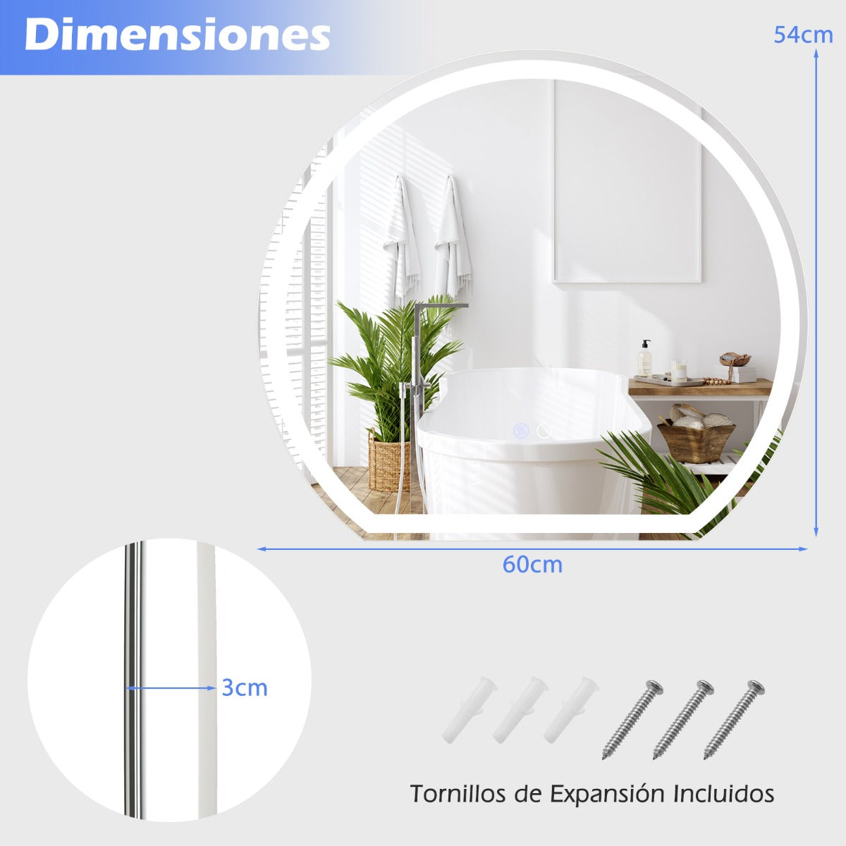 Espejo LED para Baño de 60 x 54 CM Espejo Redondo Montado en la Pared con Luces Regulables Interruptor Táctil Función Antivaho y Memoria