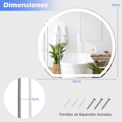 Espejo LED para Baño de 60 x 54 CM Espejo Redondo Montado en la Pared con Luces Regulables Interruptor Táctil Función Antivaho y Memoria