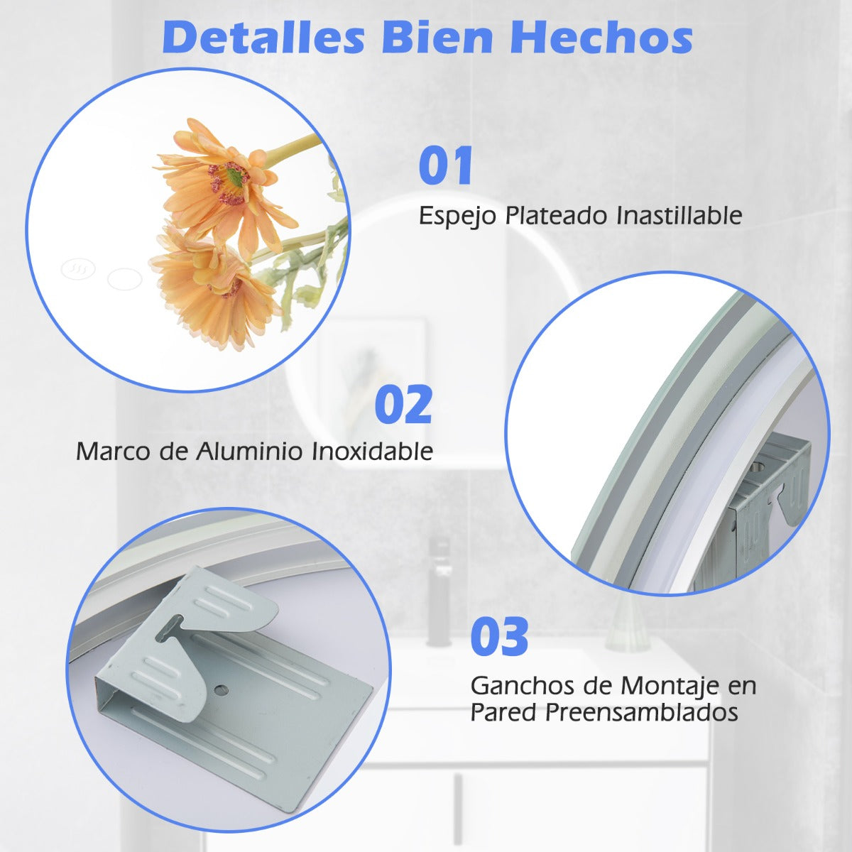 Espejo LED para Baño de 60 x 54 CM Espejo Redondo Montado en la Pared con Luces Regulables Interruptor Táctil Función Antivaho y Memoria