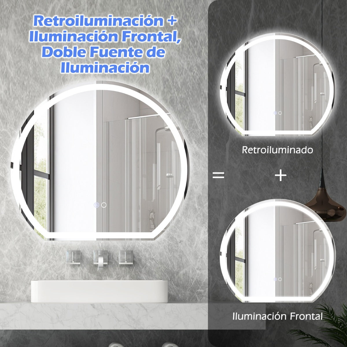 Espejo LED para Baño de 60 x 54 CM Espejo Redondo Montado en la Pared con Luces Regulables Interruptor Táctil Función Antivaho y Memoria