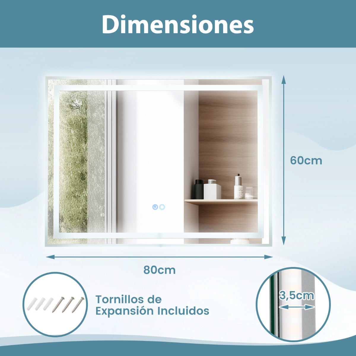 Espejo de Baño LED 80 x 60 CM Espejo Rectangular de Pared con Luces Regulables de 3 Colores Interruptor Táctil Función Antivaho y Memoria