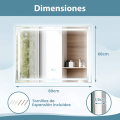 Espejo de Baño LED 80 x 60 CM Espejo Rectangular de Pared con Luces Regulables de 3 Colores Interruptor Táctil Función Antivaho y Memoria