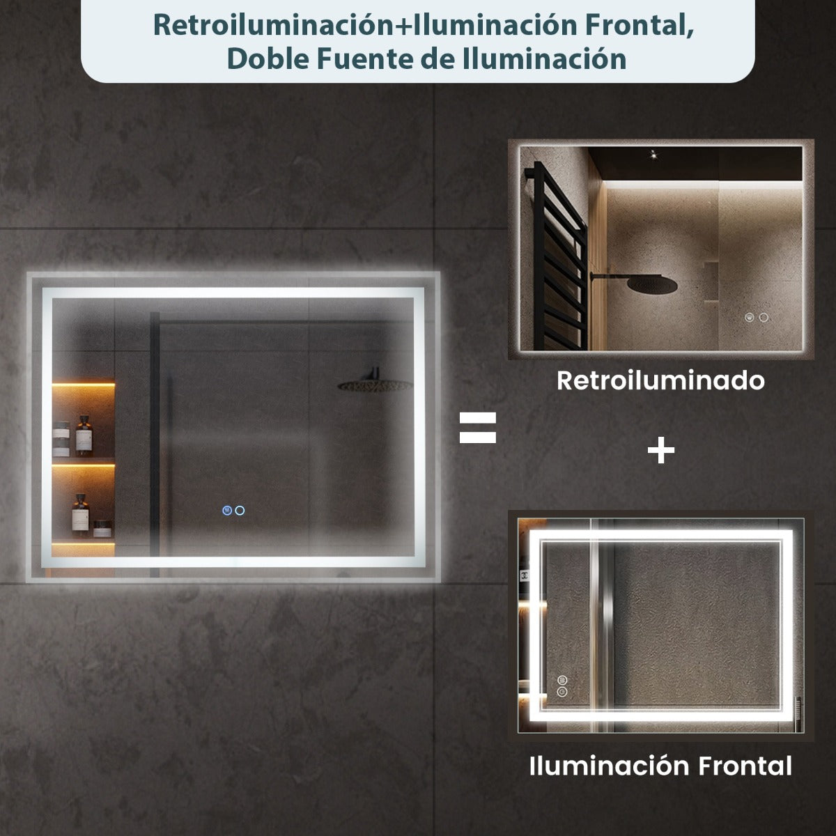 Espejo de Baño LED 80 x 60 CM Espejo Rectangular de Pared con Luces Regulables de 3 Colores Interruptor Táctil Función Antivaho y Memoria