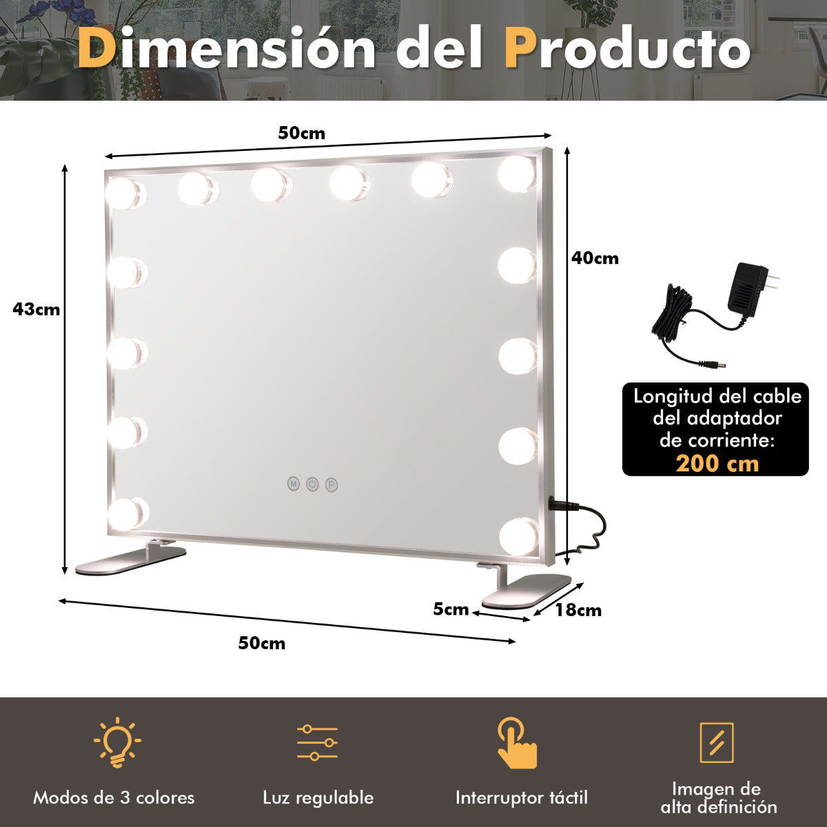 Espejo Maquillaje con Luces LED 2 en 1 de Mesa & de Pared Espejo Tocador Rectangular con 3 Modos de Iluminación Control Táctil 50 x 40 cm