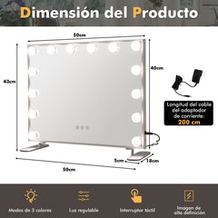 Espejo Maquillaje con Luces LED 2 en 1 de Mesa & de Pared Espejo Tocador Rectangular con 3 Modos de Iluminación Control Táctil 50 x 40 cm