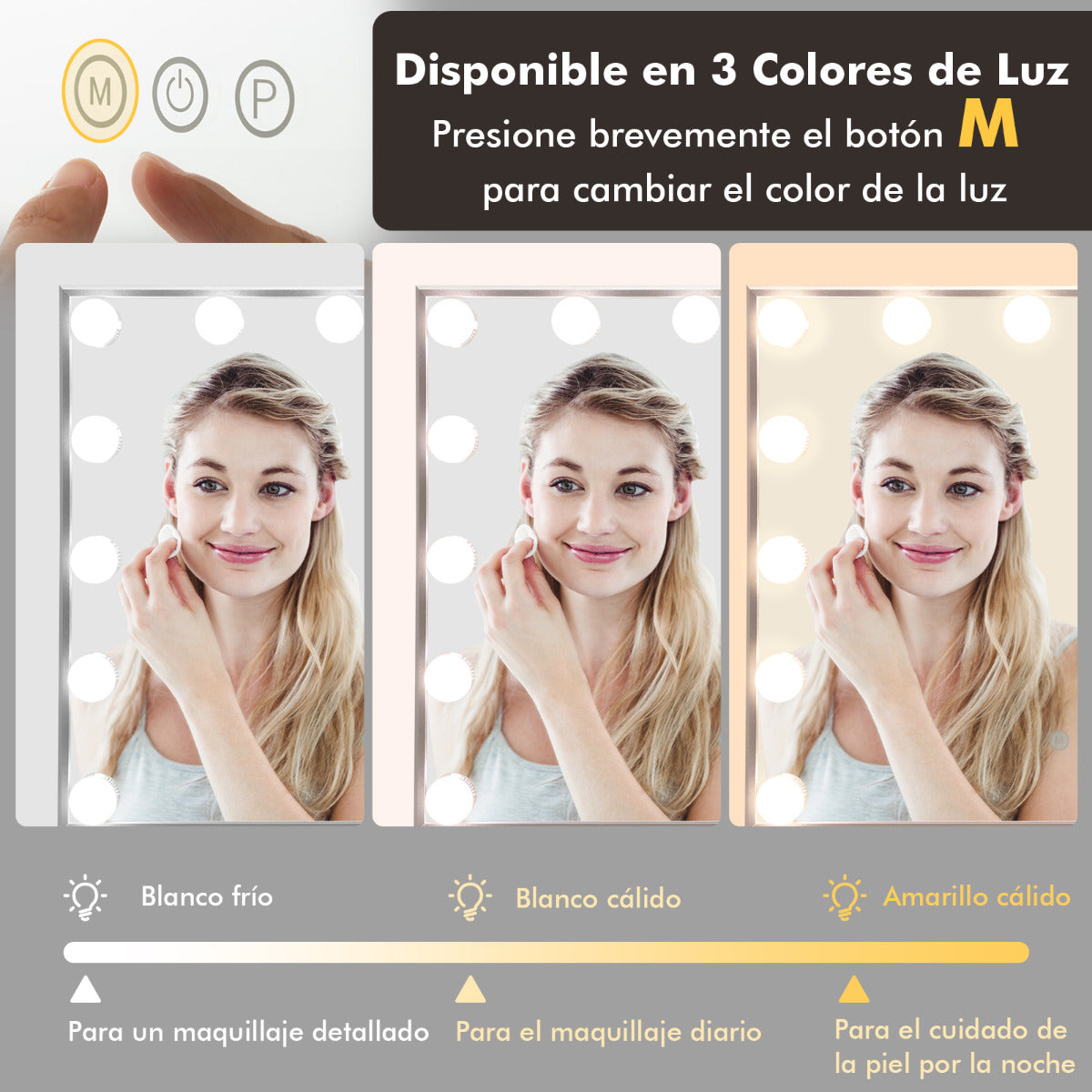 Espejo Maquillaje con Luces LED 2 en 1 de Mesa & de Pared Espejo Tocador Rectangular con 3 Modos de Iluminación Control Táctil 50 x 40 cm