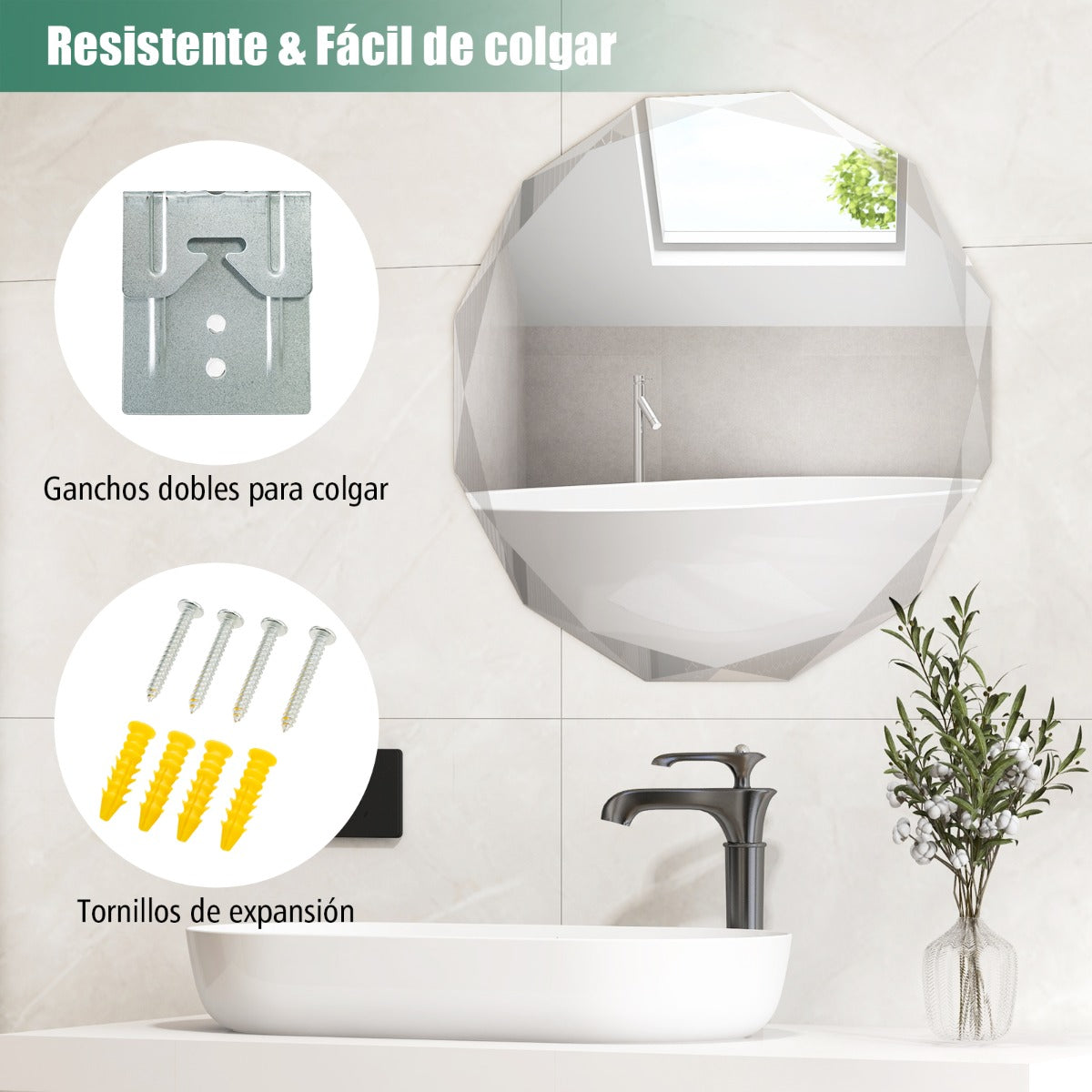 Espejo Pulido para Baño sin Marco para Montaje en Pared con Tornillos de Expansión de Borde Biselado Único A Prueba de Explosiones