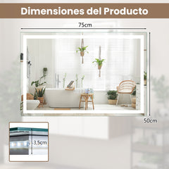 Espejo Rectangular de Baño con Luz LED Brillo Ajustable Continuamente 3 Temperaturas de Color Función Antivaho y de Memoria 75 x 50 cm