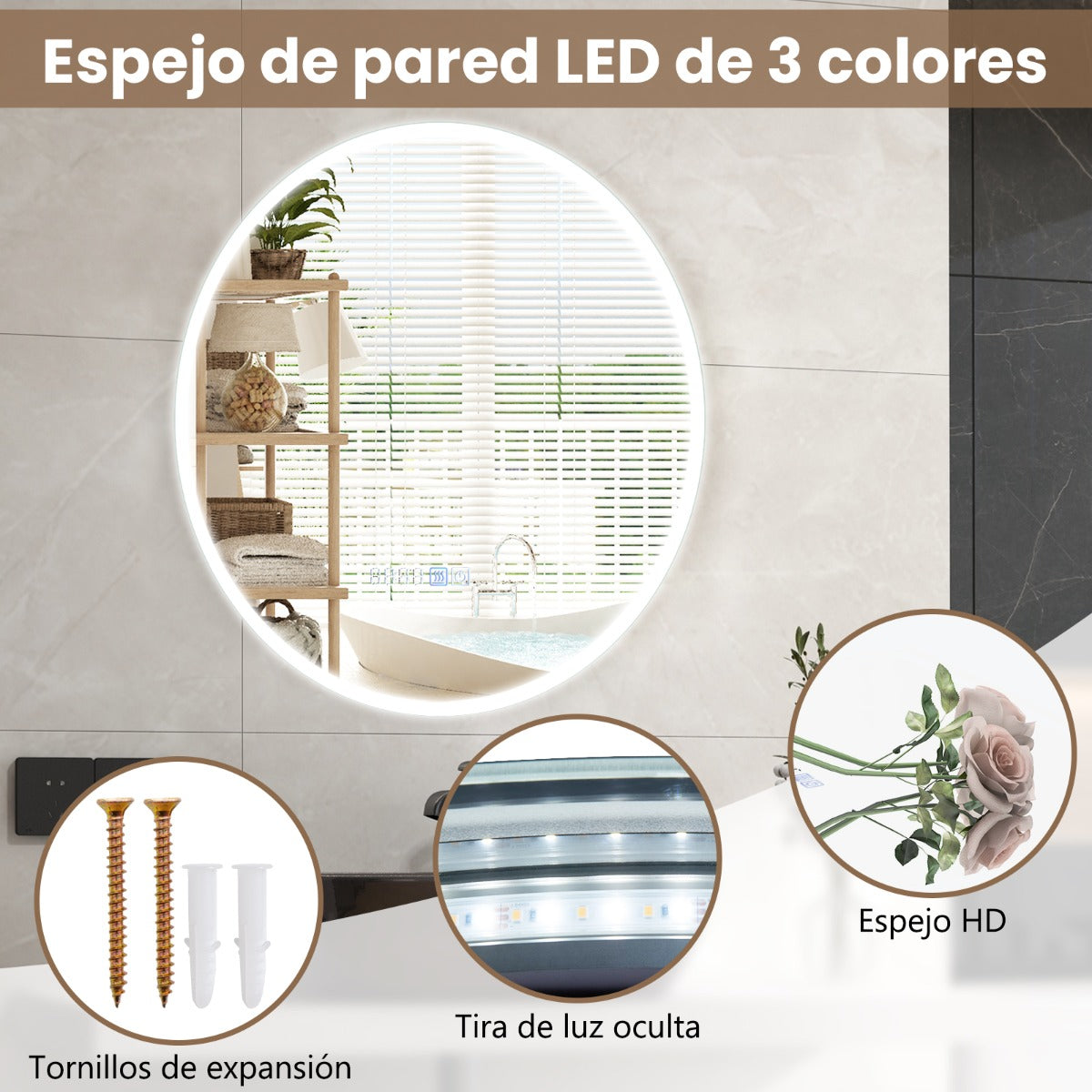Espejo Redondo de Baño con Luz LED Brillo Ajustable Continuamente 3 Temperaturas de Color Función Antivaho y de Memoria 60 x 60 cm