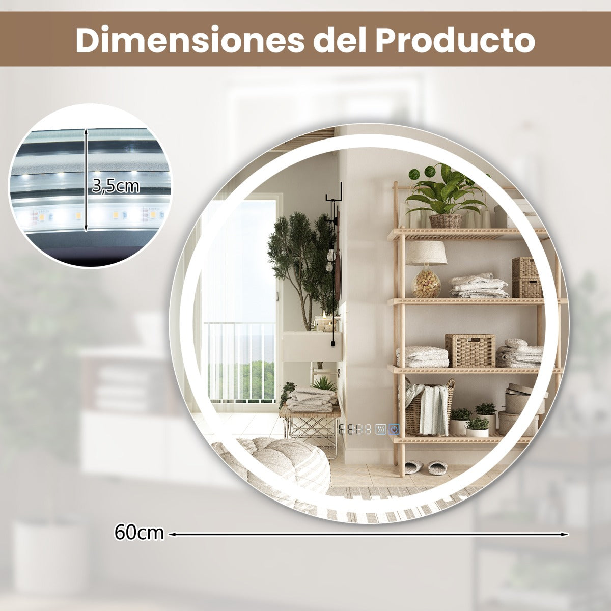 Espejo Redondo de Baño con Luz LED Brillo Ajustable Continuamente 3 Temperaturas de Color Función Antivaho y de Memoria 60 x 60 cm