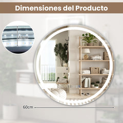Espejo Redondo de Baño con Luz LED Brillo Ajustable Continuamente 3 Temperaturas de Color Función Antivaho y de Memoria 60 x 60 cm