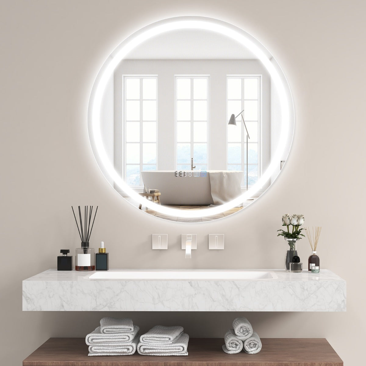 Espejo Redondo de Baño con Luz LED Brillo Ajustable Continuamente 3 Temperaturas de Color Función Antivaho y de Memoria 60 x 60 cm