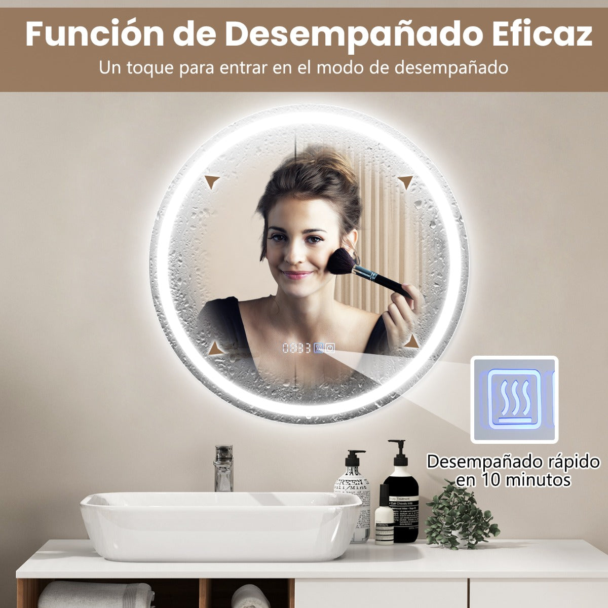 Espejo Redondo de Baño con Luz LED Brillo Ajustable Continuamente 3 Temperaturas de Color Función Antivaho y de Memoria 60 x 60 cm