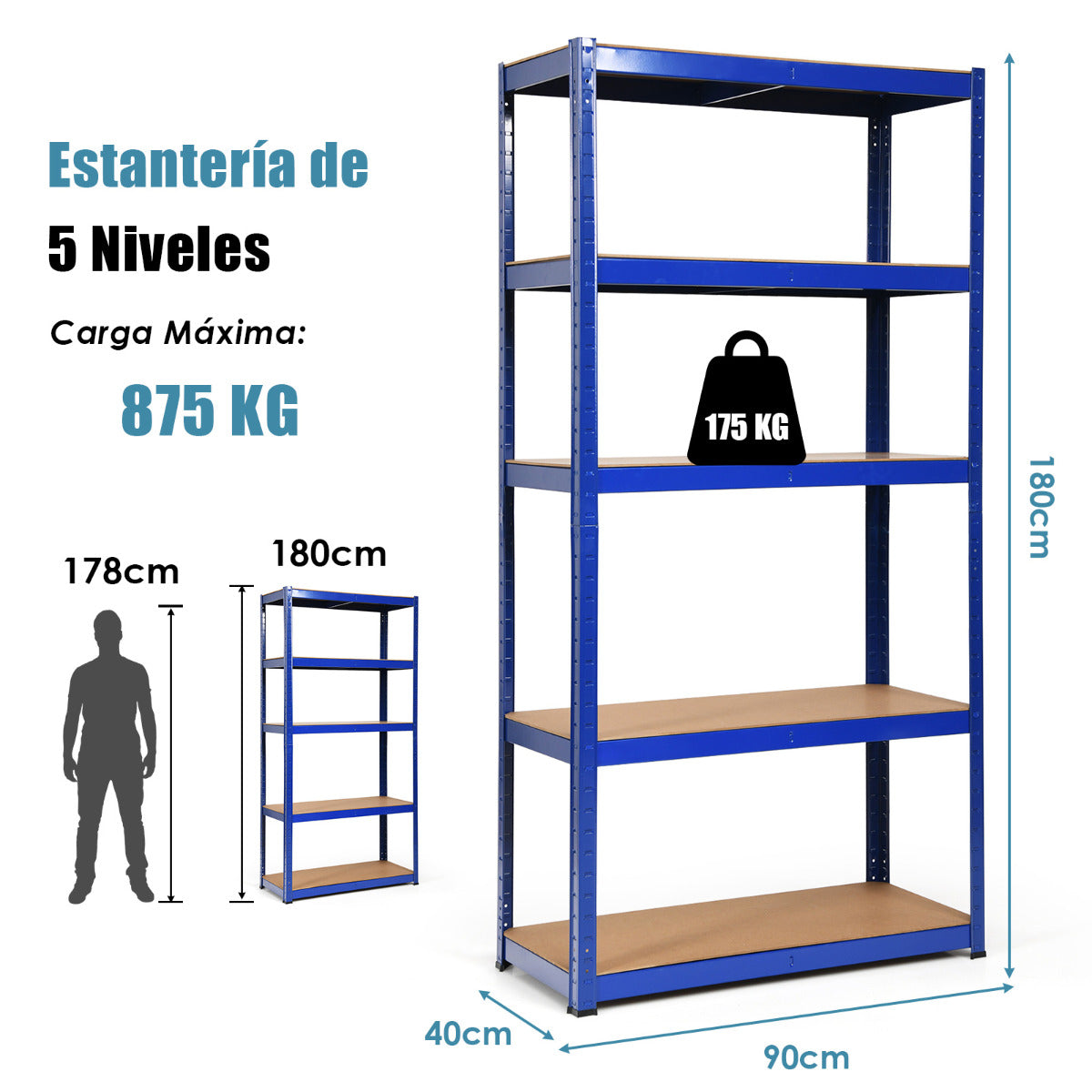 Estante con 5 Niveles y Repisas Regulables con Estructura en Acero Resistente para Casa Oficina Dormitorio Garaje 90 x 40 x 180 cm Azul