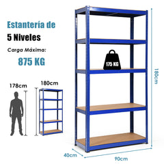 Estante con 5 Niveles y Repisas Regulables con Estructura en Acero Resistente para Casa Oficina Dormitorio Garaje 90 x 40 x 180 cm Azul