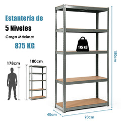 Estante con 5 Niveles y Repisas Regulables con Estructura en Acero Resistente para Casa Oficina Dormitorio Garaje 90 x 40 x 180 cm Gris