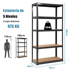 Estante con 5 Niveles y Repisas Regulables con Estructura en Acero Resistente para Casa Oficina Dormitorio Garaje 90 x 40 x 180 cm Negro
