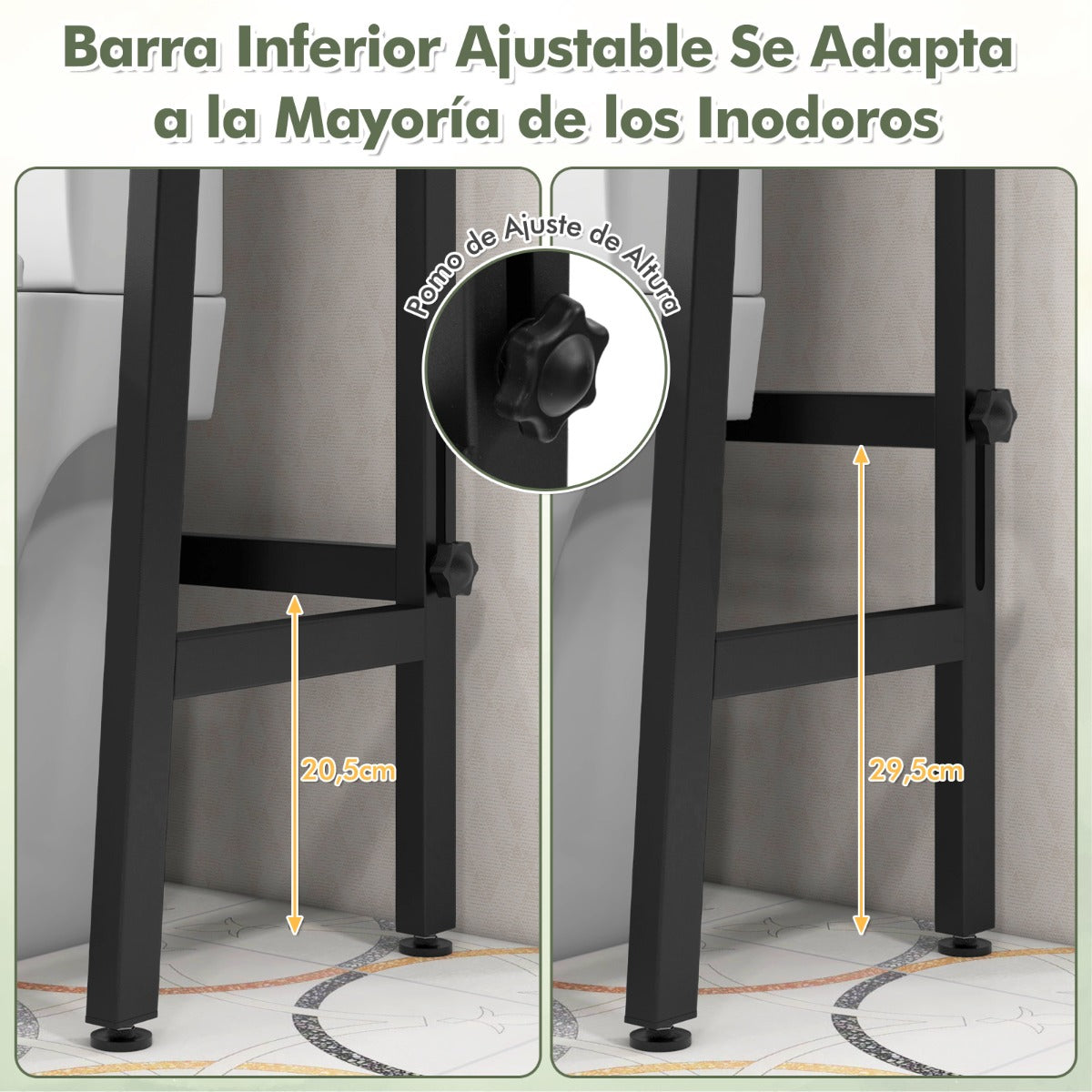 Estante de Almacenamiento de 3 Niveles Independiente de Baño con Barra Inferior Ajustable Soporte para Papel 2 Ganchos Laterales Negro