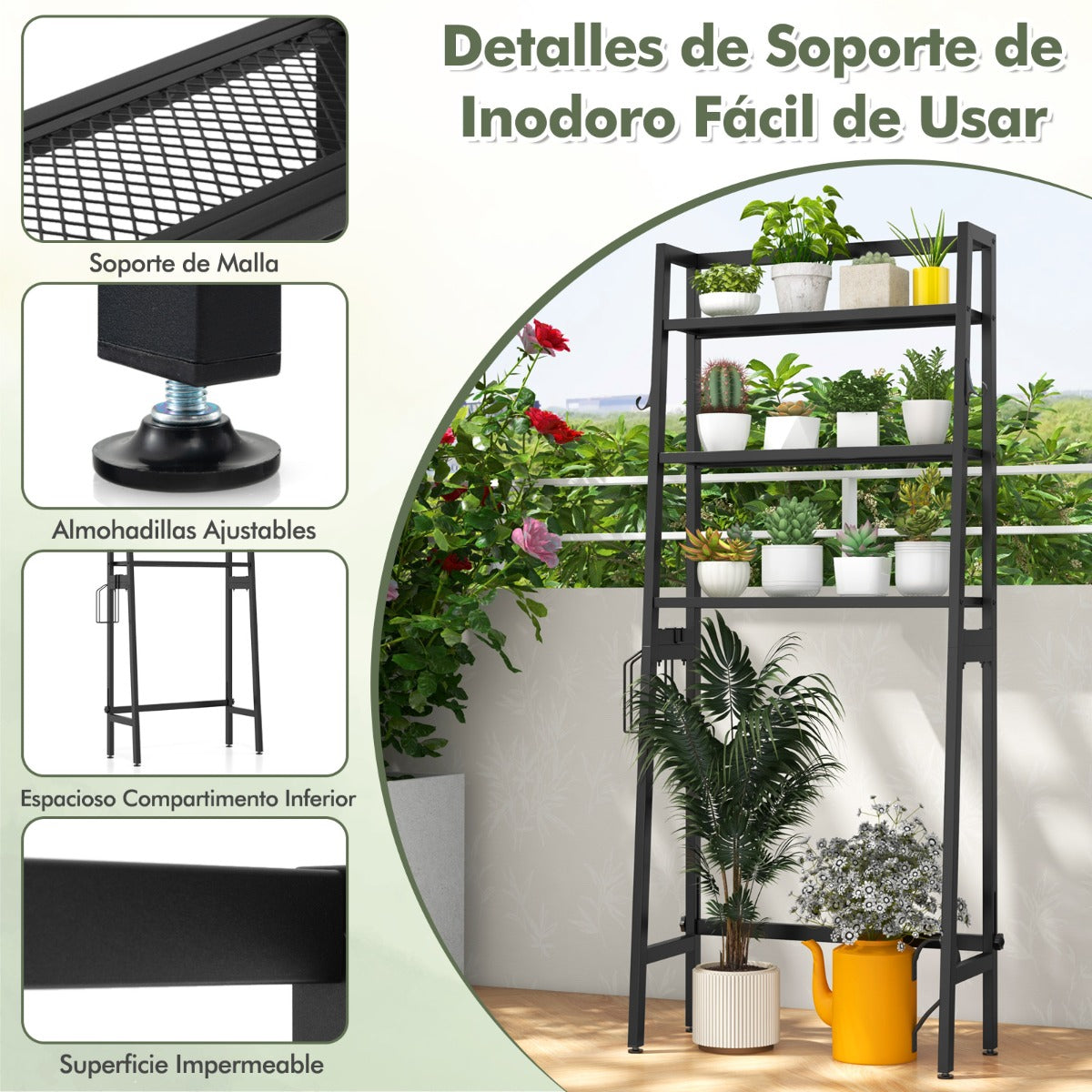Estante de Almacenamiento de 3 Niveles Independiente de Baño con Barra Inferior Ajustable Soporte para Papel 2 Ganchos Laterales Negro