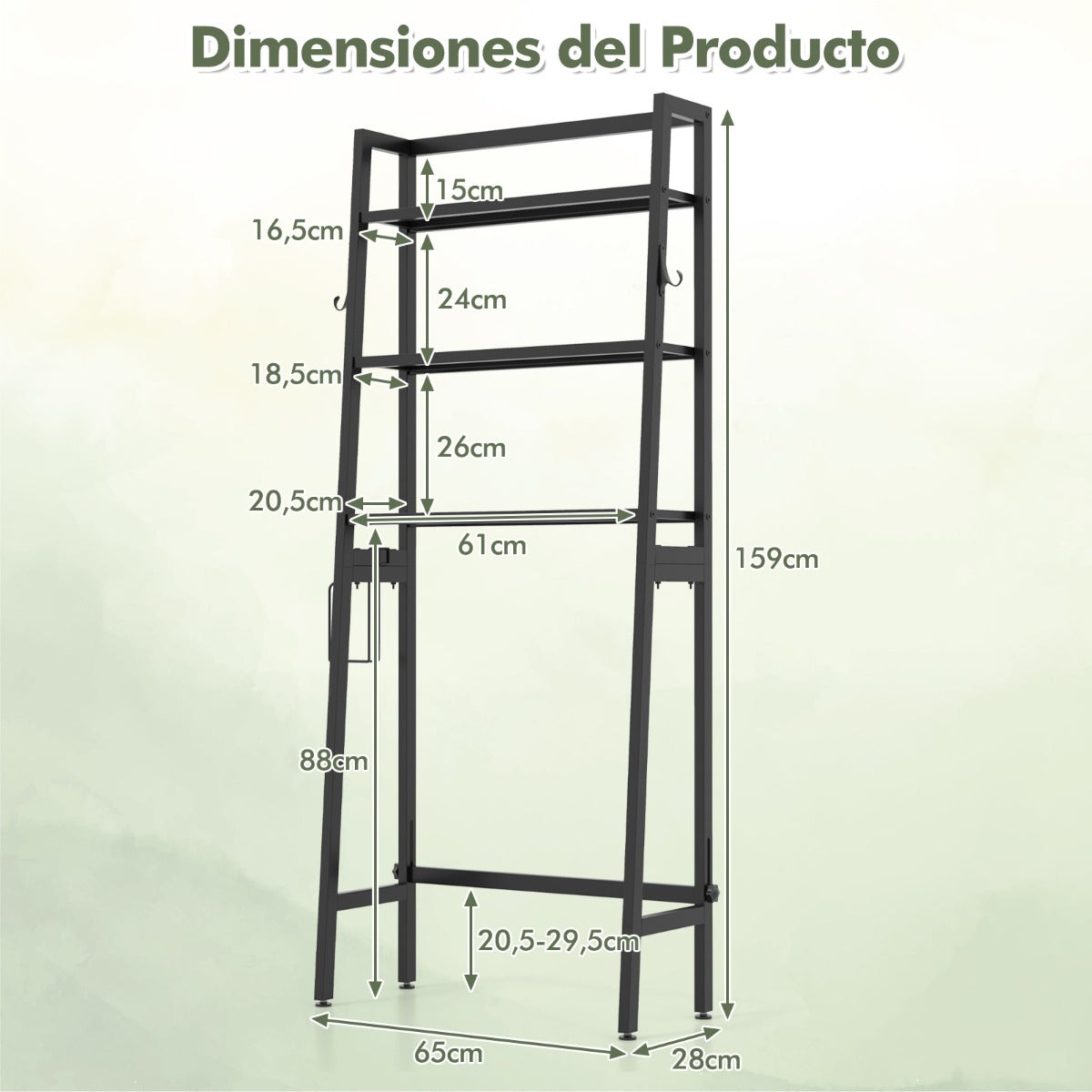 Estante de Almacenamiento de 3 Niveles Independiente de Baño con Barra Inferior Ajustable Soporte para Papel 2 Ganchos Laterales Negro