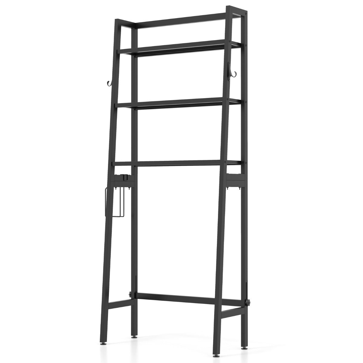 Estante de Almacenamiento de 3 Niveles Independiente de Baño con Barra Inferior Ajustable Soporte para Papel 2 Ganchos Laterales Negro