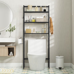 Estante de Almacenamiento de 3 Niveles Independiente de Baño con Barra Inferior Ajustable Soporte para Papel 2 Ganchos Laterales Negro