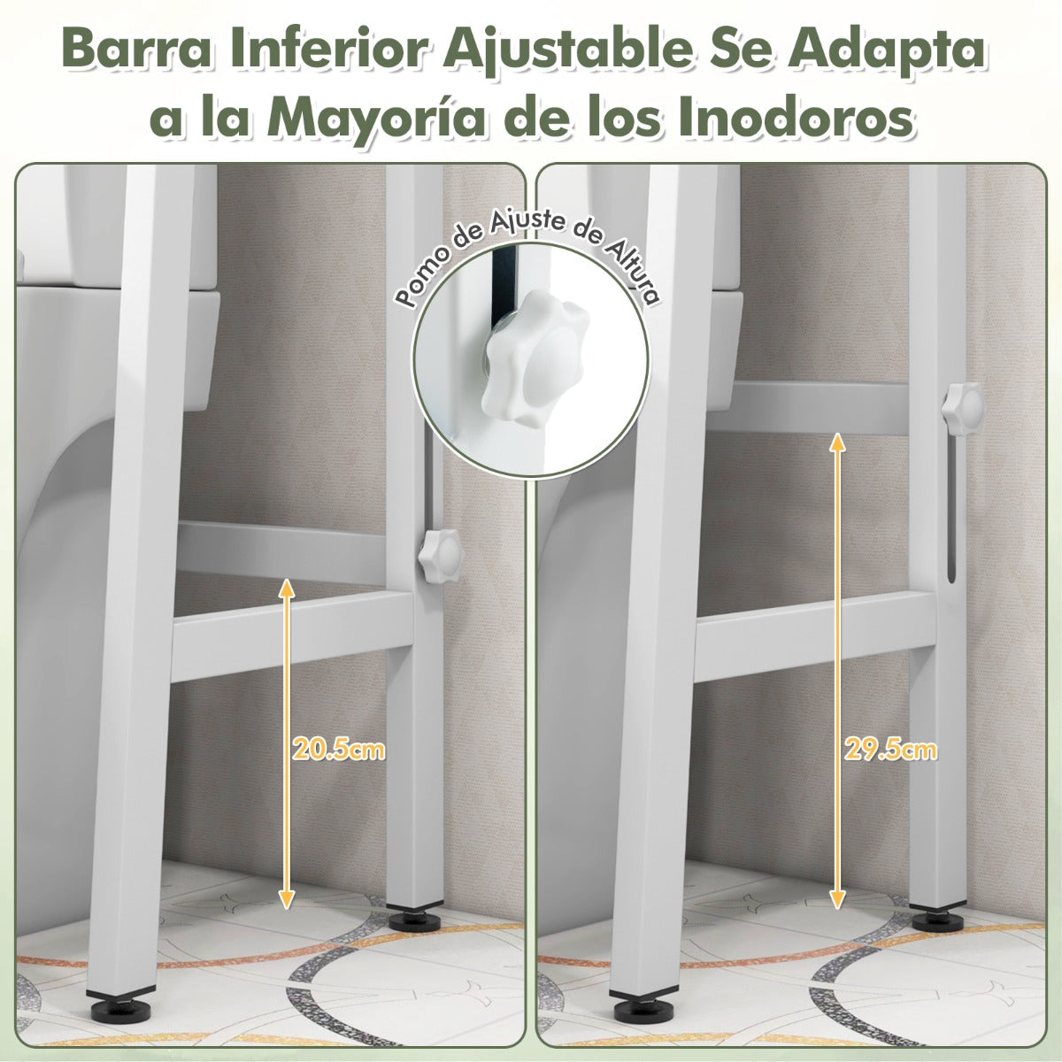 Estante de Almacenamiento de 3 Niveles Independiente de Baño con Barra Inferior Ajustable Soporte para Papel 2 Ganchos Laterales Blanco