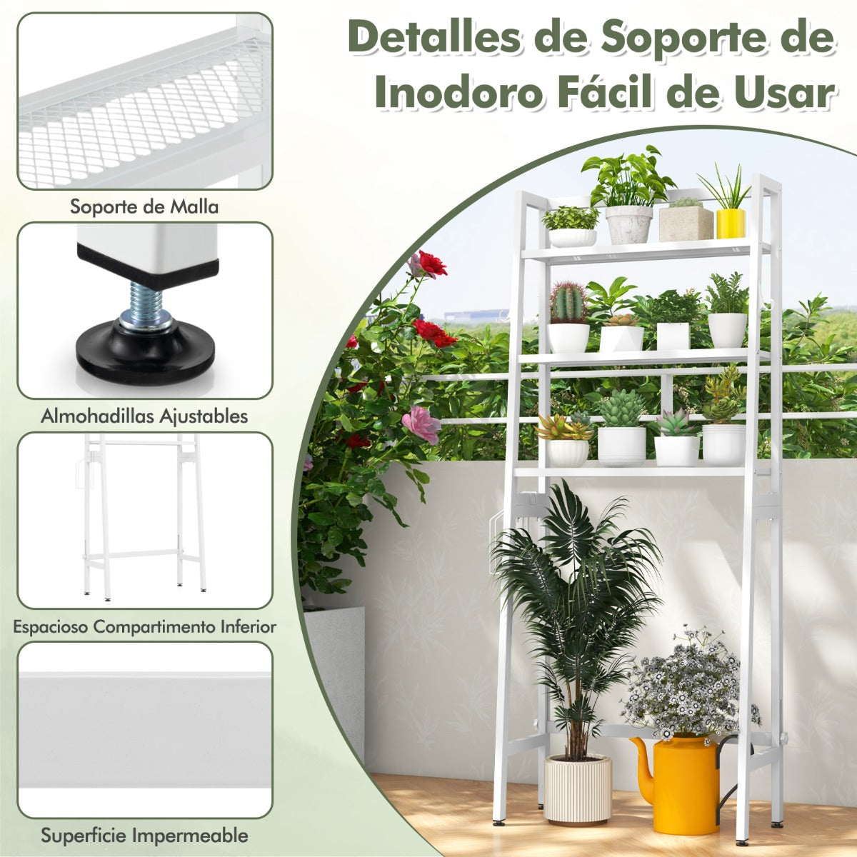 Estante de Almacenamiento de 3 Niveles Independiente de Baño con Barra Inferior Ajustable Soporte para Papel 2 Ganchos Laterales Blanco