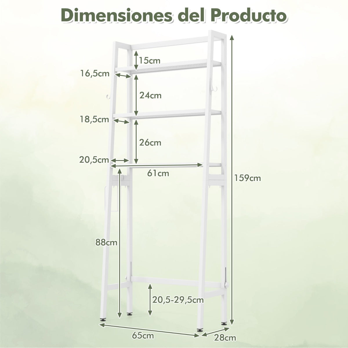 Estante de Almacenamiento de 3 Niveles Independiente de Baño con Barra Inferior Ajustable Soporte para Papel 2 Ganchos Laterales Blanco